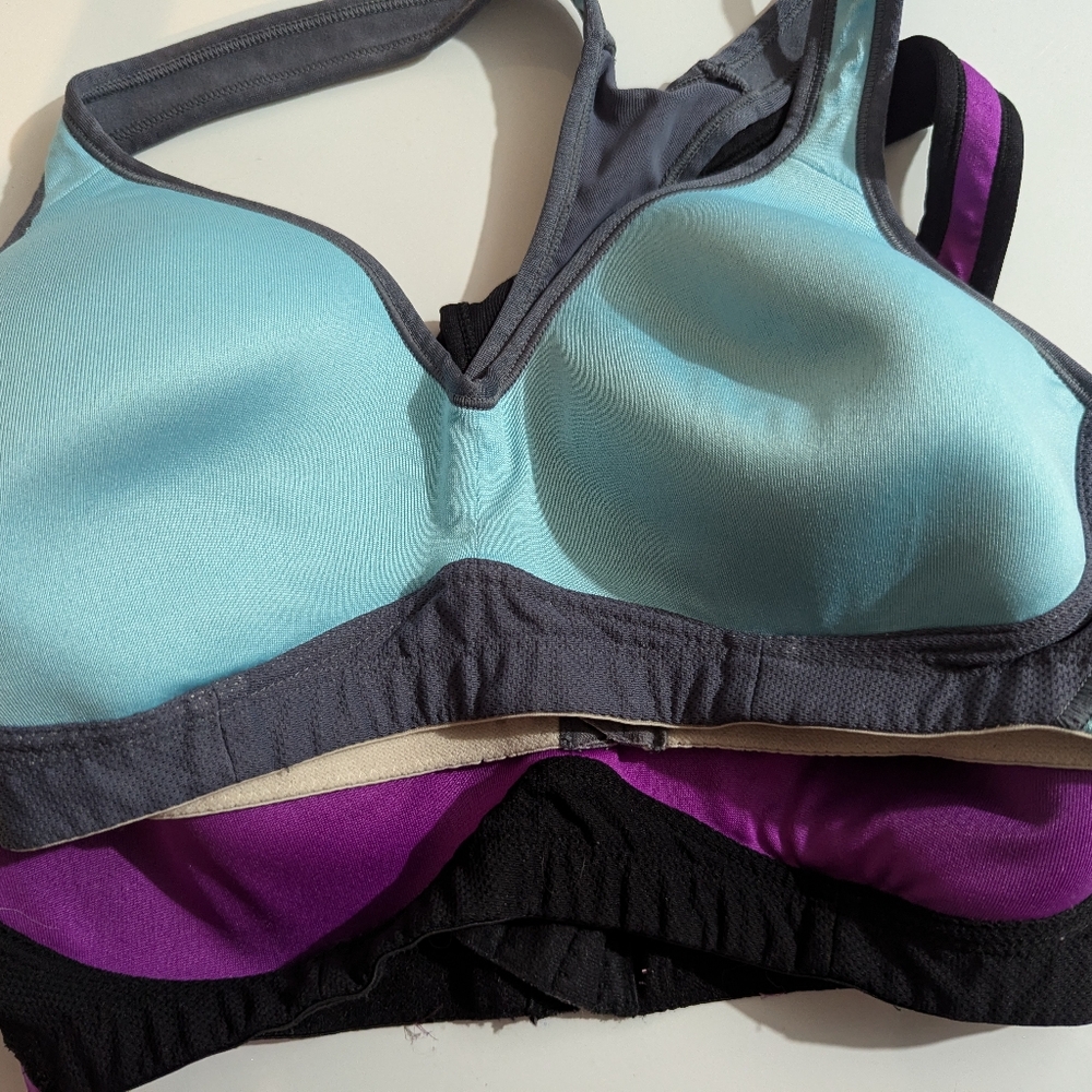 Set of Medium Champion Sport Bras light blue & grey and purple & black hooks